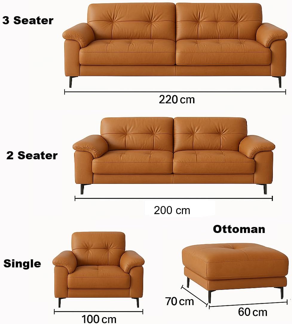 Poppins HOME Luxurious Tan Leather Sofa Set with Chaise Lounge, (2Seater+1+Ottoman) - Medaid International