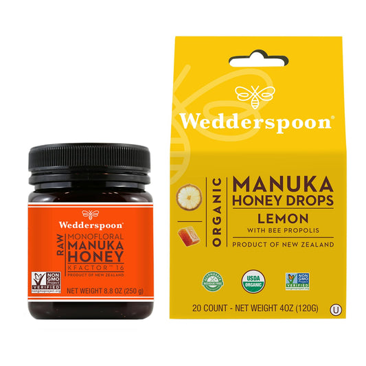 Wedderspoon Raw Premium Manuka Honey KFactor 16 (8.8 Oz, Pack of 1) and Manuka Honey Drops Lemon & Bee Propolis (20 Count, Pack of 1) - Genuine New Zealand Honey, Perfect Remedy For Dry Throats - Medaid International