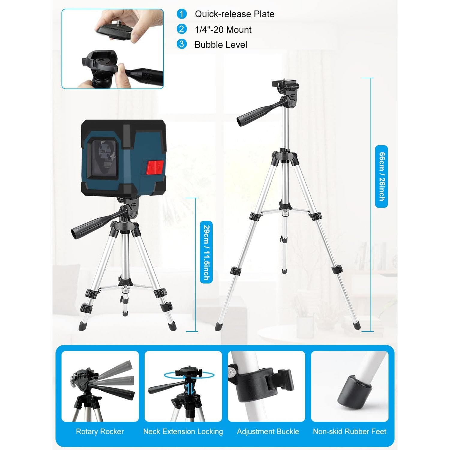 Laser Level, RockSeed Cross Line Laser with Self-Leveling, Vertical and Horizontal Line, Rotatable 360 Degree, Carrying Pouch, Battery Included (Green with27 inch Tripod) - Medaid International