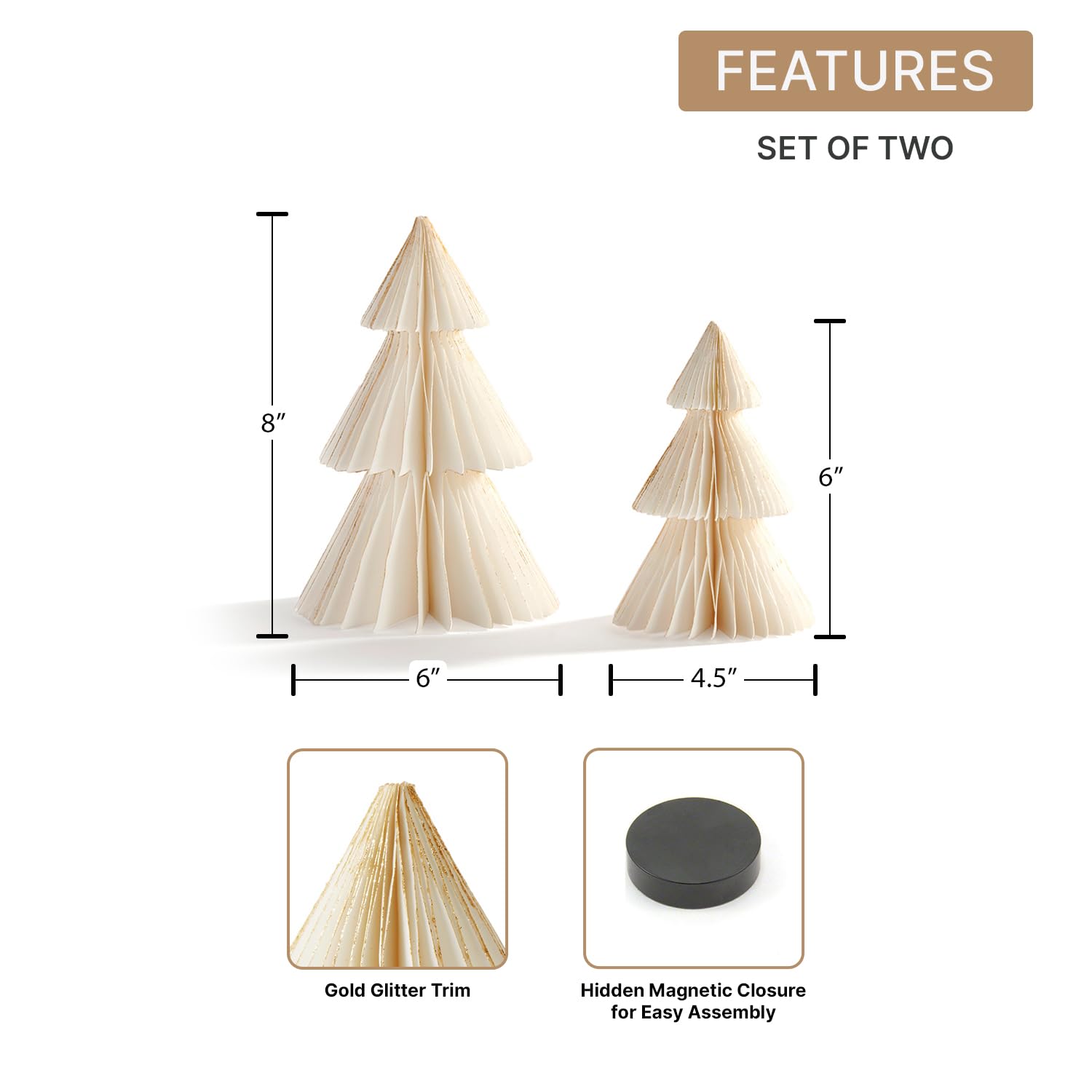 LampLust Paper Christmas Tree Decor, 2 Pack Honeycomb Paper Trees, 6 & 8 Inch, White & Gold Glitter Edge, Holiday Table Centerpieces, Christmas Table Decor, Winter Decorations - Medaid International