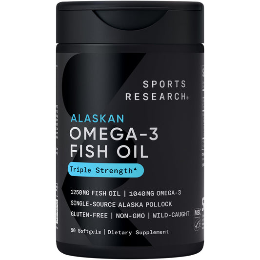 Sports Research Triple Strength Omega 3 Fish Oil - Burpless Fish Oil Supplement w/EPA & DHA Fatty Acids from Single-Source Wild Alaskan Pollock - 1250 mg, 90 ct - Medaid International