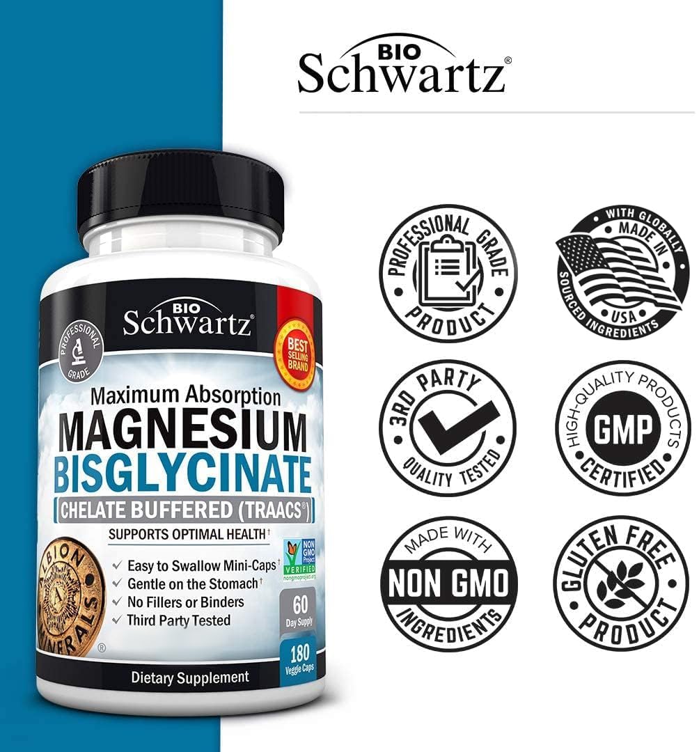 Magnesium Bisglycinate Chelated Supplement - High Absorption Magnesium Supplement for Muscle, Bone & Joint Support - Non-GMO, Non-Laxative, Fully Buffered for Maximum Bioavailability - 180 Capsules - Medaid International
