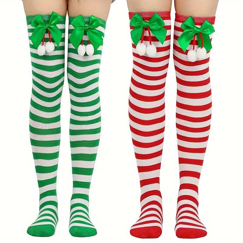 Christmas Striped Socks, Calf Socks with Bow and Ball Decorations xmas Stockings Party Knee Highs Christmas Gifts for Friends - Medaid International