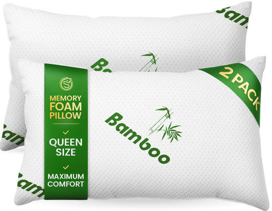 Memory Foam Pillows Queen Size Set of 2 - Cooling Bed Pillows for Sleeping - Back, Stomach, Side Sleeper Firm, Comfy Cool Shredded - 2 Pack, Rayon Derived from Bamboo - Medaid International