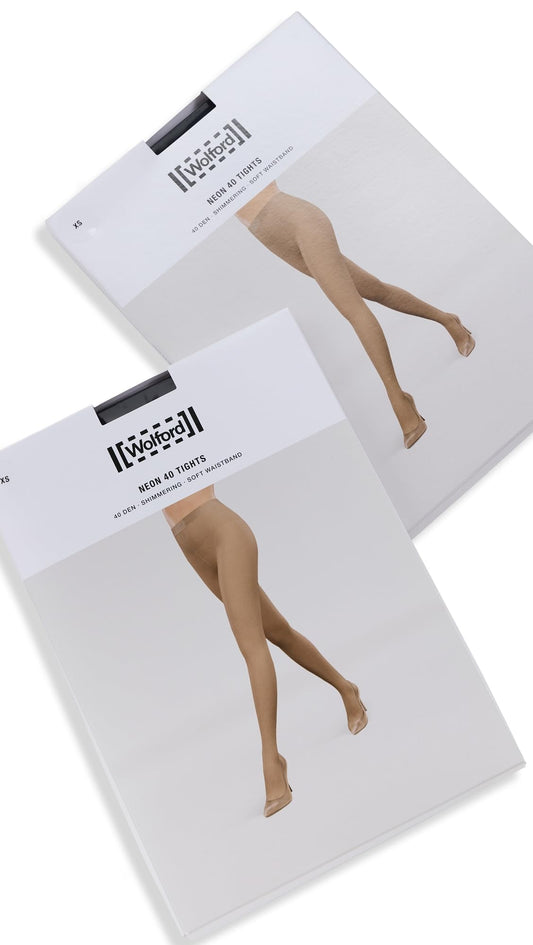 Wolford Neon 40 Den Duo Pack Tights For Women Shiny Semi Sheer Pantyhose With Soft Waistband Glossy Finish Black Size Large - Medaid International