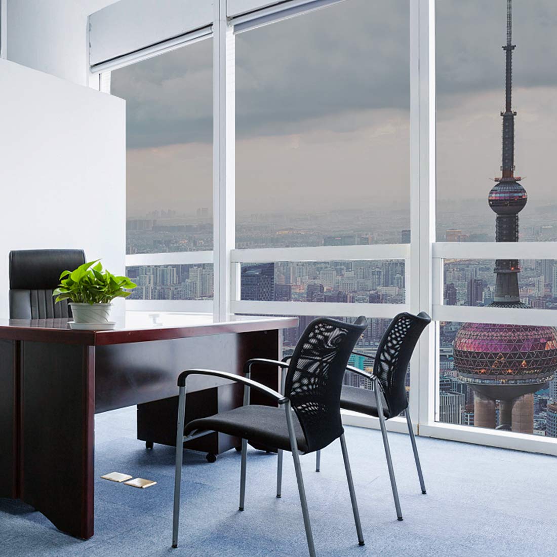 WPCTEV Window Film One Way Mirror Film Daytime Privacy Static Non-Adhesive Decorative Heat Control Anti UV Window Tint for Home and Office Silver 6 Mil 17.5 Inch x 6.5 Feet - Medaid International