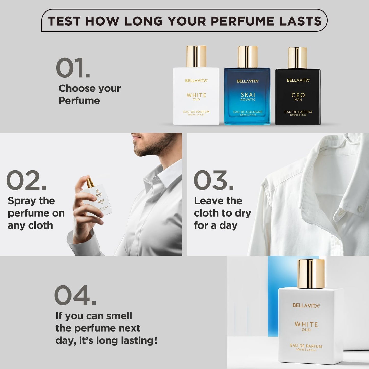 BellaVita Luxury White OUD Unisex Perfume 100Ml | Premium Arabic Men and Women Perfumes | Notes of Artemisia, Musk, Oud Vetiver and Freesias | Exquisite Unisex Arabian Perfume for Women & Men - Medaid International