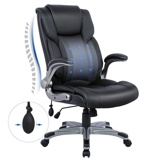 COLAMY High Back Executive Office Chair- Ergonomic Home Computer Desk Leather Chair with Padded Flip-up Arms, Adjustable Tilt Lock, Swivel Rolling Chair for Adult Working Study-Black - Medaid International