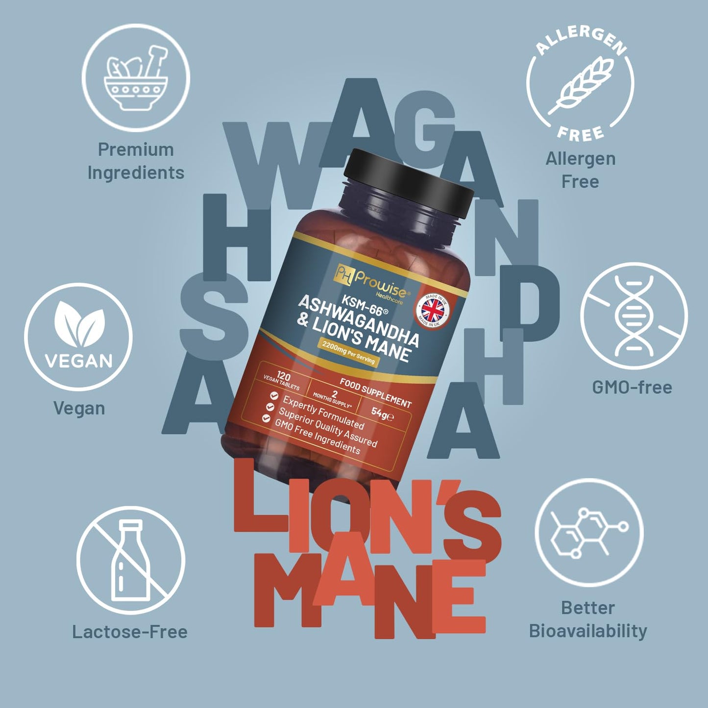 KSM-66 Ashwagandha and Lions Mane Tablets - High Strength 2200mg | KSM-66 Ashwagandha Root Extract and Lions Mane Mushroom Extract - 120 Vegan Tablets with Black Pepper - UK Made by Prowise - Medaid International