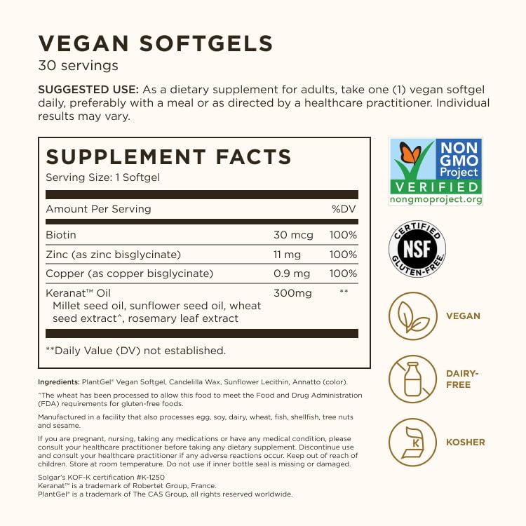 Solgar Hair Growth Supplement for Thicker Fuller Hair with Keranat Oil, Biotin, Zinc and Copper, Hair Health Supplement, Age-Defying Nutrition for Men and Women, 30 Servings - Medaid International