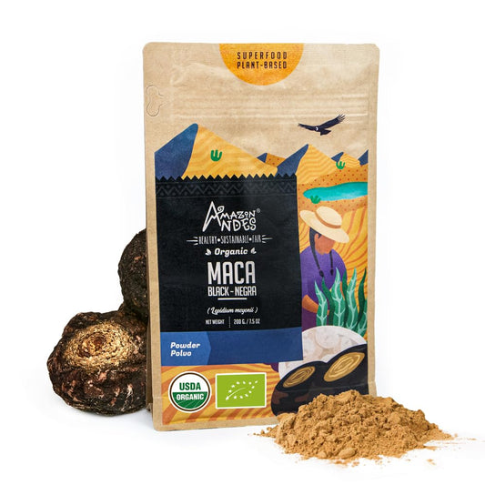 Amazon Andes Black Maca Root Powder (Lepidium meyenii) - contains Carbohydrates & Minerals - Adaptogen superfood & Health Promoter - Gelatinized, Vegan, Non-GMO & Allegen-free - 7 Ounce (40 Servings) - Medaid International