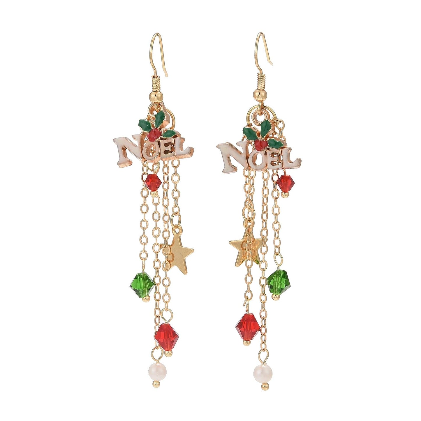 Christmas Earrings for Women Word Noel Enamel Charms & Glass Beads Tassel Dangle Earrings Xmas Funny Earring for Christmas Jewelry Gifts - Medaid International