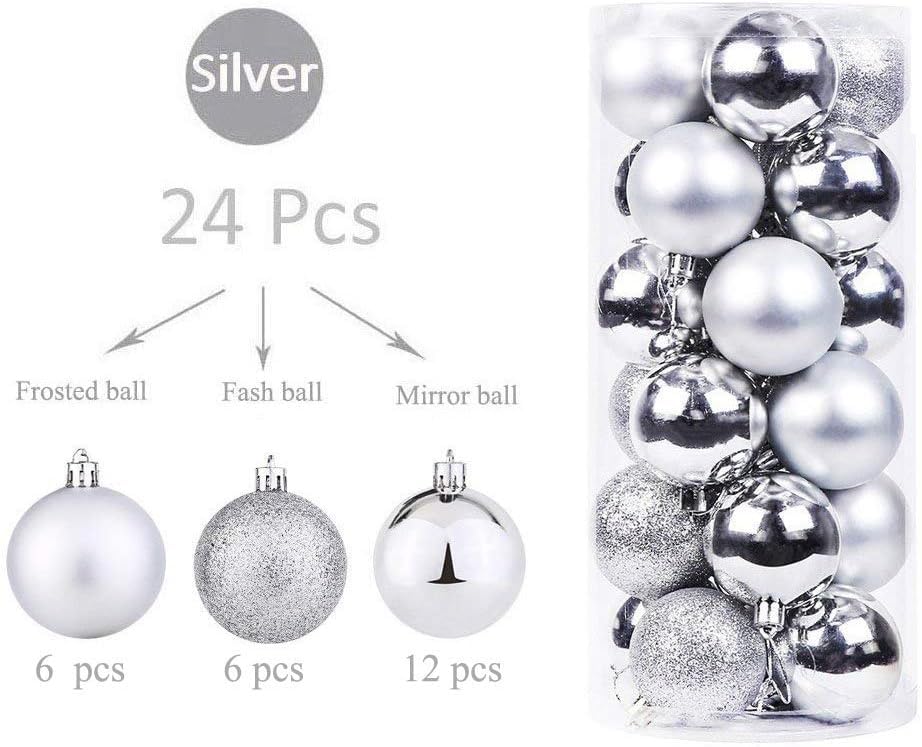 24Pcs Christmas Ornament Balls Set - 12 Glossy, 6 Matte & 6 Glittered Shatterproof Plastic Hanging Decorations for Xmas Tree (Silvery) Festive Holiday Decorative Accessories - Medaid International