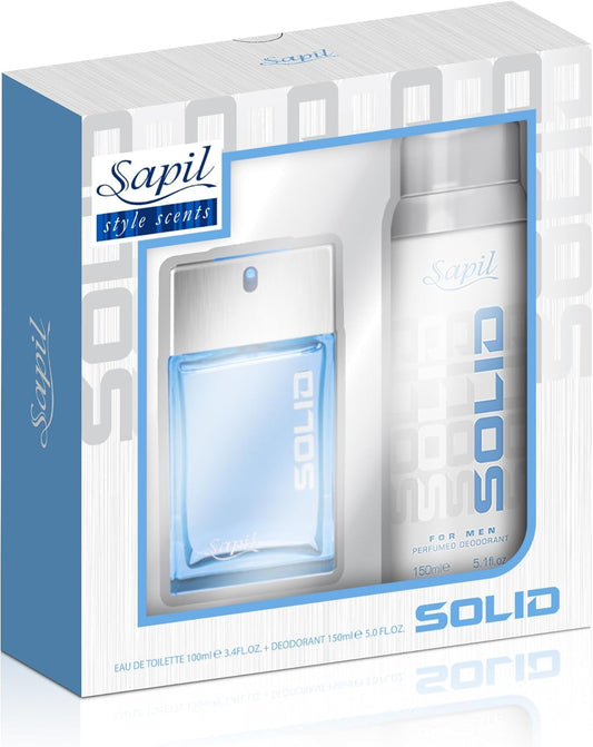 Sapil Solid - Eau De Toilette and Deodorant Spray For Men - Evokes Power and Sensuality - Opens with Fresh and Citrus Notes - Beautiful Giftset Box - Perfect for Gift Giving Occasion- 2 Pc - Medaid International