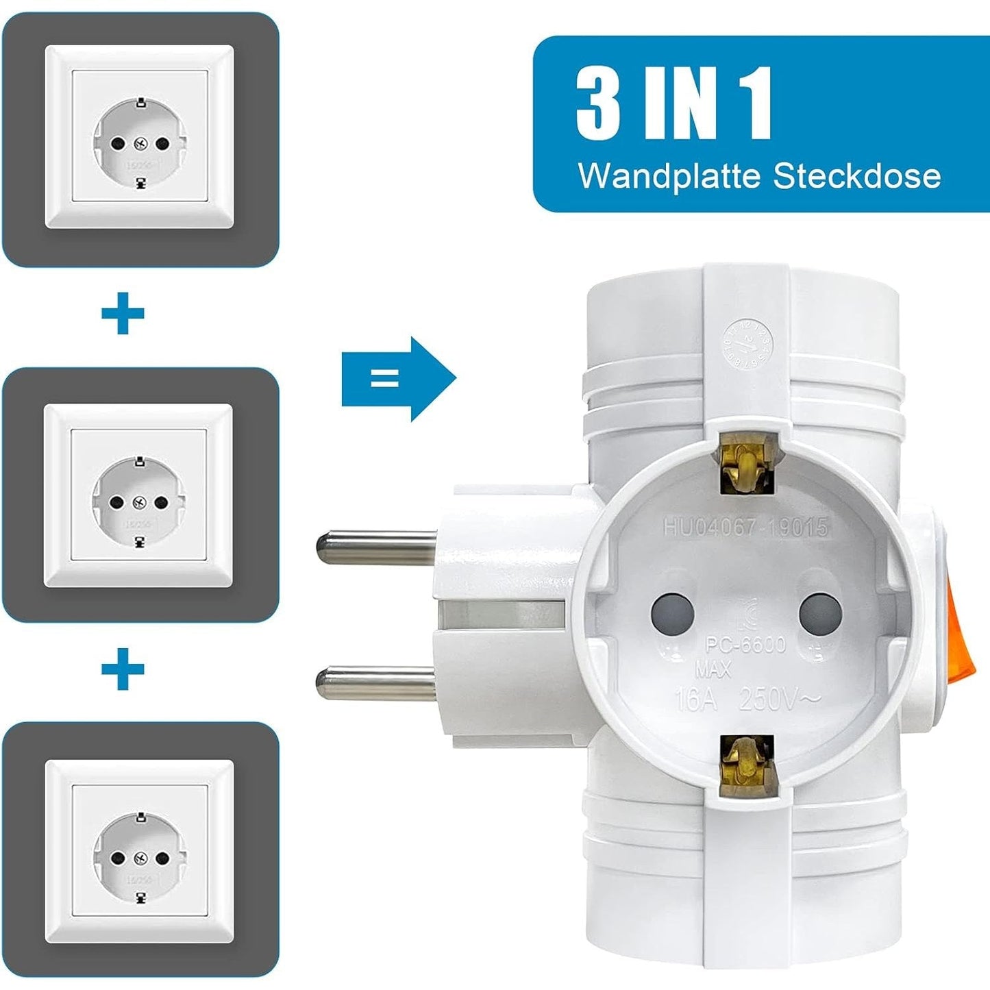 Jexpower - Double Plug Socket Adapter, 3 Outlets, Type B, 3680W Power Capacity