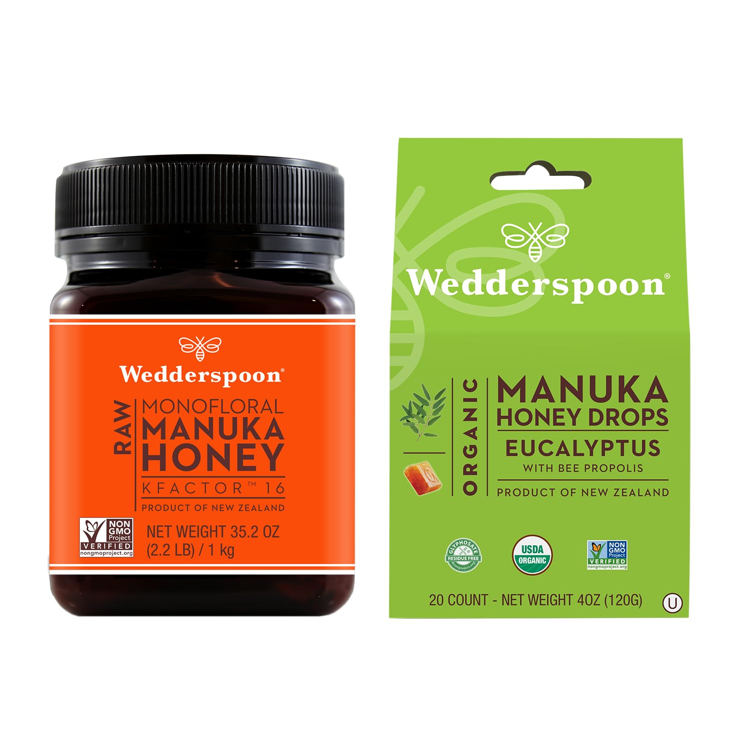 Bundle - Wedderspoon Raw Premium Manuka Honey KFactor 16 (35.2 Oz) and Manuka Honey Drops Eucalyptus & Bee Propolis (4 Oz) - Medaid International