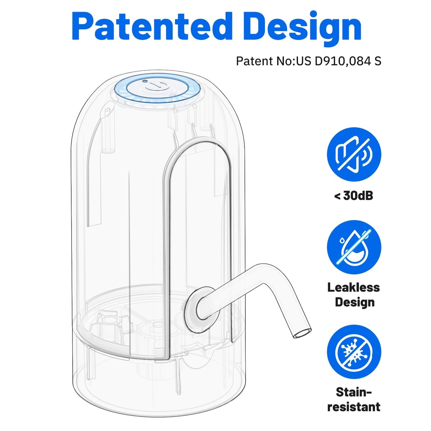 Myvision Water Dispenser for 5 Gallon Bottle, Portable USB Charging Electric Water Pump, Drinking Water Jug Pump for Home, Kitchen, Living Room, Office, Camping, Universal for 3-5 Gallon (Black) - Medaid International