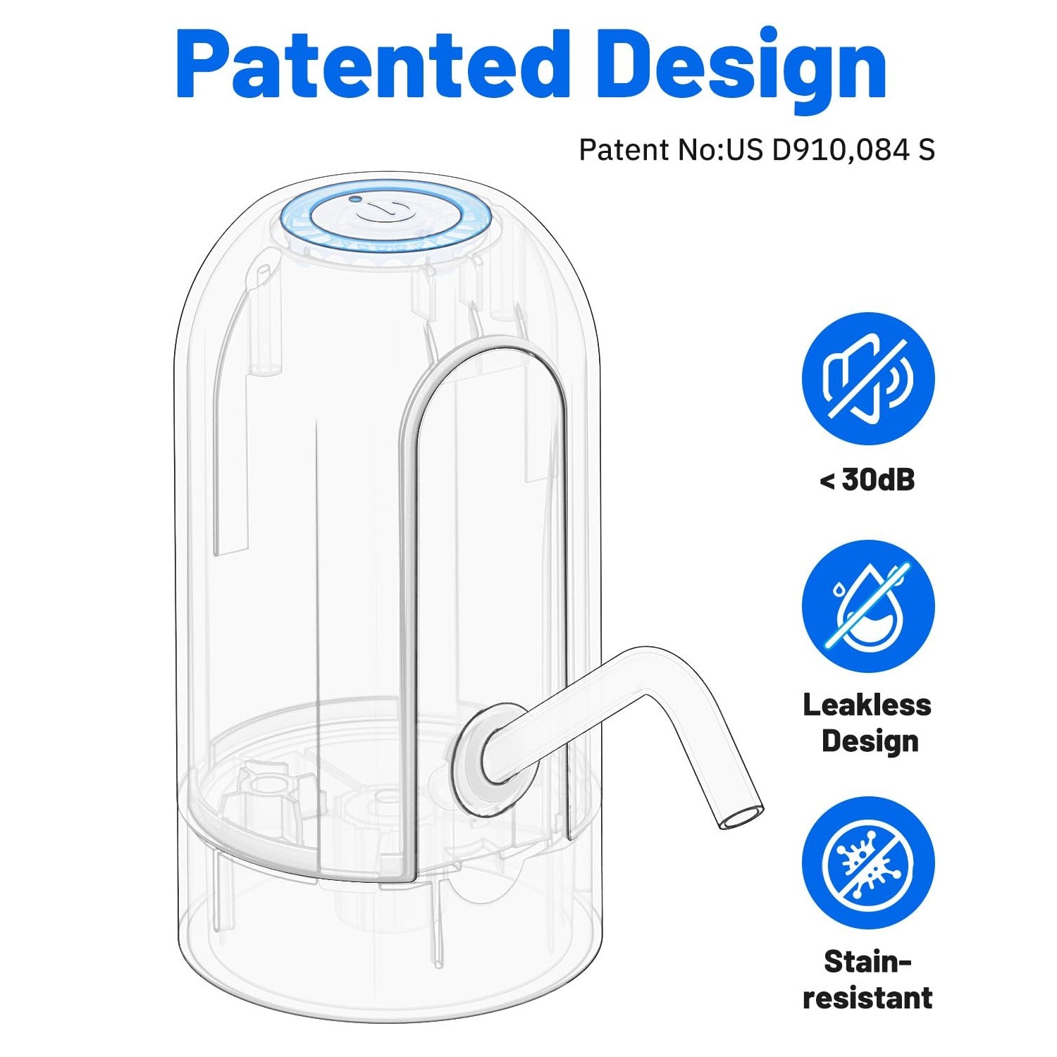 Myvision Water Dispenser for 5 Gallon Bottle, Portable USB Charging Electric Water Pump, Drinking Water Jug Pump for Home, Kitchen, Living Room, Office, Camping, Universal for 3-5 Gallon (Black) - Medaid International