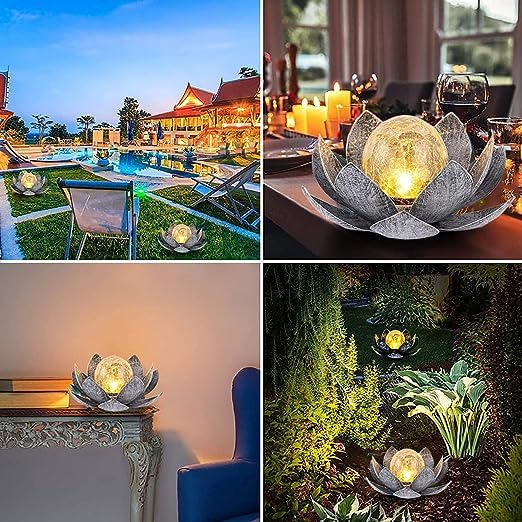 Luz - Solar Lotus Light, Waterproof Metal Garden Lantern, Cracked Crystal Ball