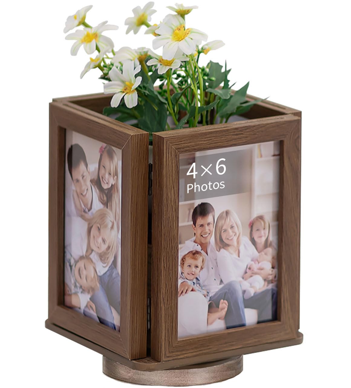 NUPTIO Rotating Picture Frames Cube: 4x6 Inch Double Wooden Brown Photo Frame for Wedding Christmas Birthday Anniversary Office Home Desk - Medaid International