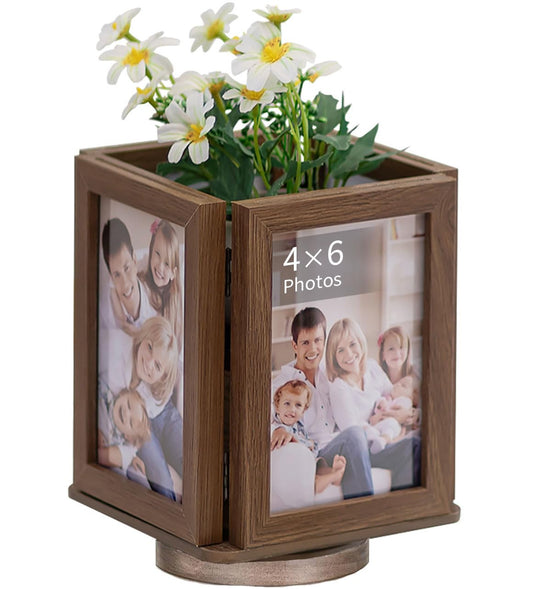 NUPTIO Rotating Picture Frames Cube: 4x6 Inch Double Wooden Brown Photo Frame for Wedding Christmas Birthday Anniversary Office Home Desk - Medaid International