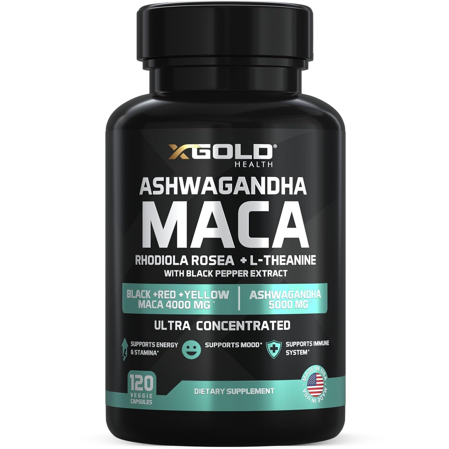 Ashwagandha 5,000mg + Maca Root Black, Red, Yellow 4,000mg, Rhodiola & L-Theanine: 30:1 Extract Ashwagandha Capsules, 20:1 Extract Maca Root Capsules - Supplement for Men and Women - Medaid International