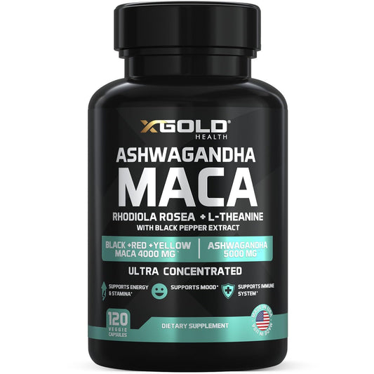 Ashwagandha 5,000mg + Maca Root Black, Red, Yellow 4,000mg, Rhodiola & L-Theanine: 30:1 Extract Ashwagandha Capsules, 20:1 Extract Maca Root Capsules - Supplement for Men and Women - Medaid International