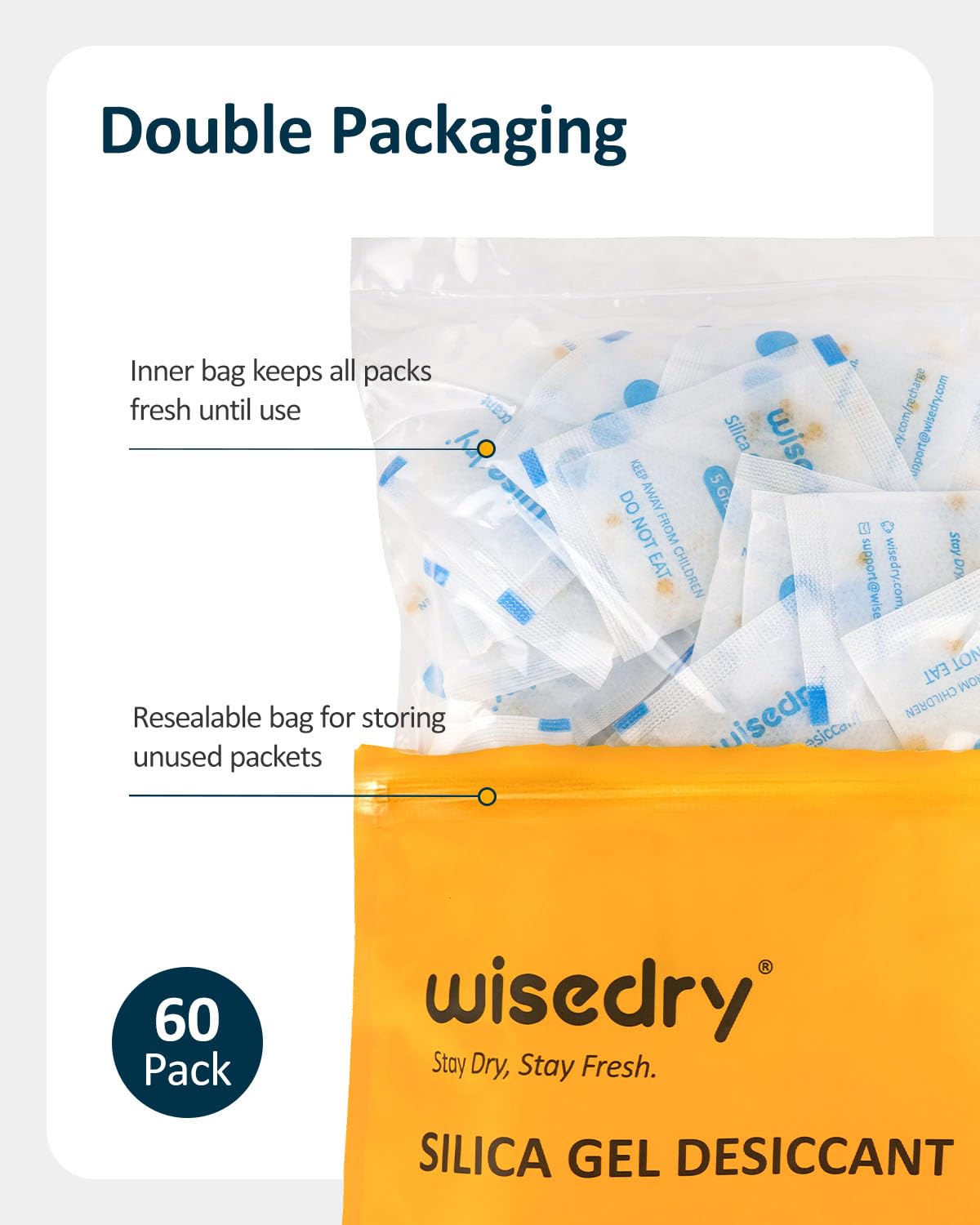 5 Gram [60 Packs] Food Grade Silica Gel Packs Rechargeable Desiccant Dehumidifiers Pouches with Color Indicating Beads Reusable Moisture Absorbers for Food Storage - Medaid International