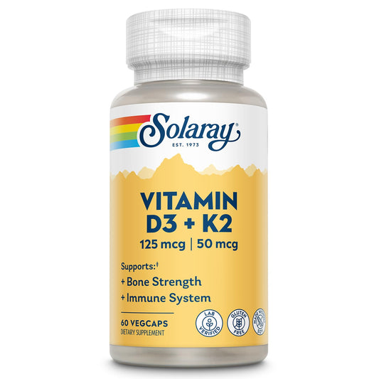 SOLARAY Vitamin D3 K2 - Bone Health and Immune Support Supplement - with 5000 IU Vitamin D as VIT D3 and 50 mcg Vitamin K2 as Menoquinone MK7, Made Without Soy, 60-Day Guarantee, 60 Serv, 60 VegCaps - Medaid International