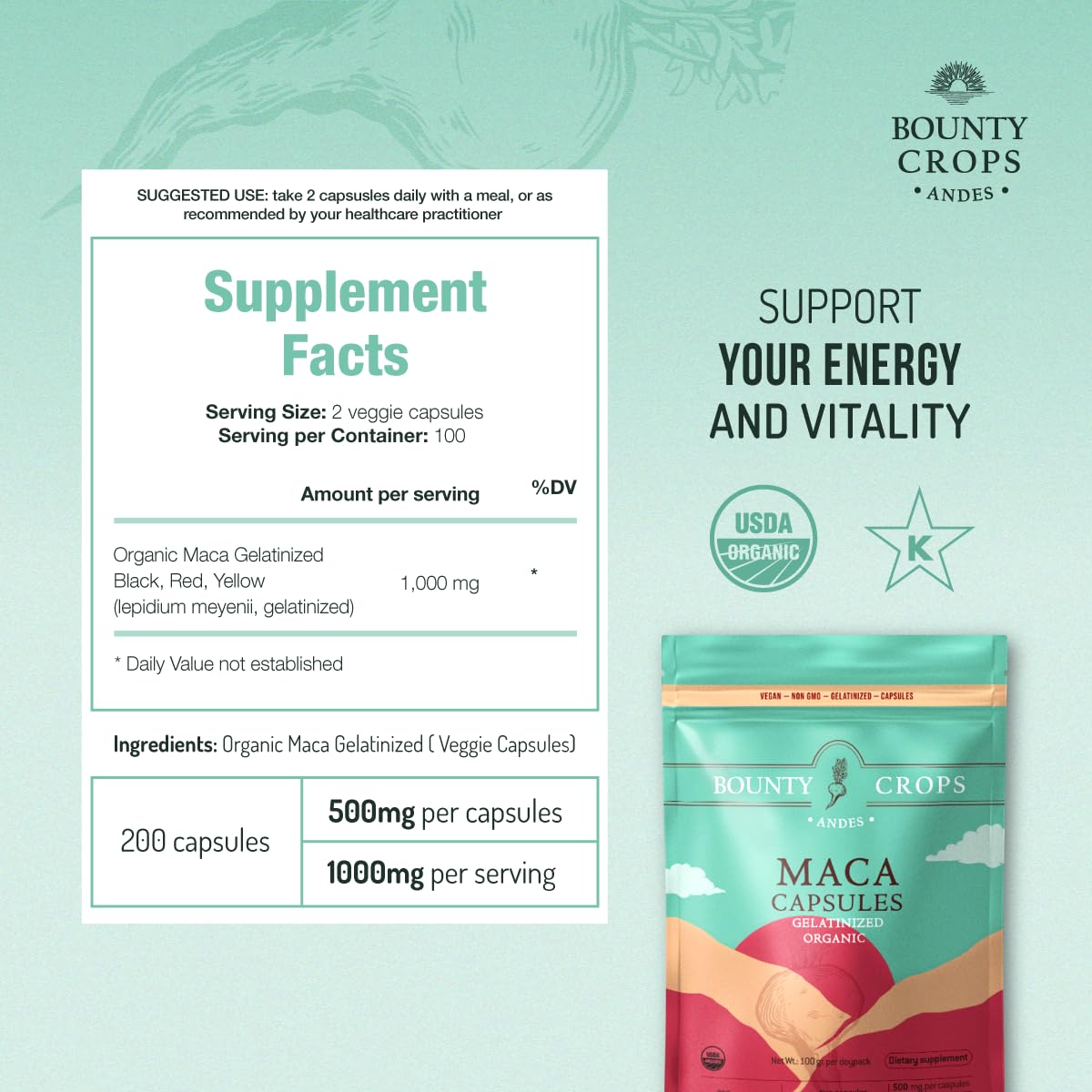 Bounty Crops Organic Maca Powder CAPSULES-1000 mg per Serving, Gelatinized, Non-GMO, 200 Vegan Capsules, Black, Red, and Yellow Peruvian Maca, Energy and Vitality Support. - Medaid International
