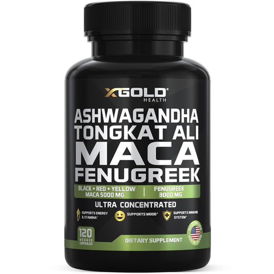 Ashwagandha 5000mg + Tongkat Ali 1000mg + Maca Root 5000mg + Fenugreek 3000mg Supplement | Black + Red + Yellow Maca Root Extract & Fenugreek Herbal Supplements for Men & Women - Made in USA - Medaid International