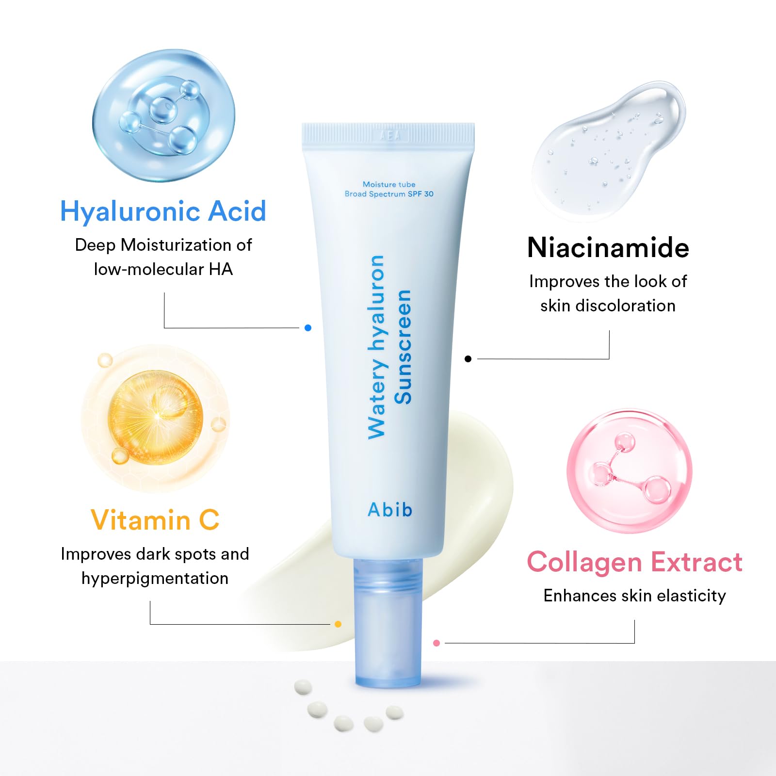 Abib Watery Hyaluron Sunscreen Moisture Tube Broad Spectrum SPF 30 1.69 fl oz / 50ml | Korean Suncreen Suncare Sunblock No White cast Reef Safe Hyaluronic Acid Niacinamide Vitamin C Collagen - Medaid International