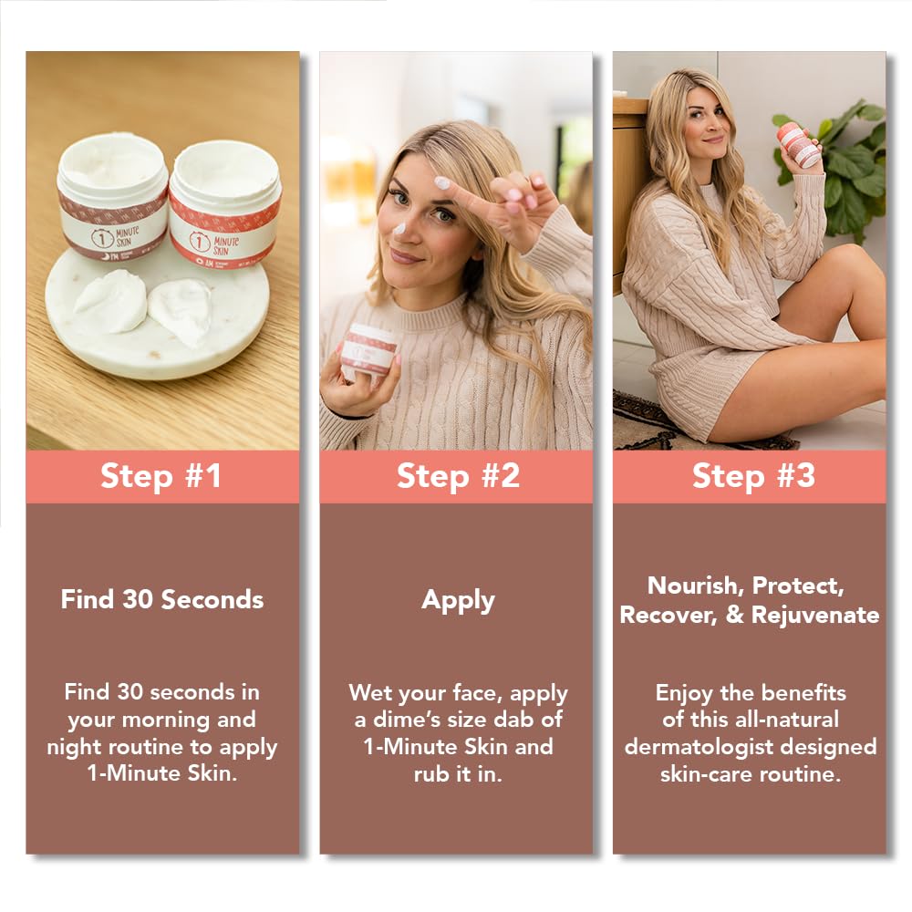 1 MINUTE SKIN AM Collagen Eye and Face Cream w/Zinc Oxide Sunscreen - Anti-Aging Lift - First All Natural Recipe to aid Glow, Renewal & Moisturize - Advanced Beauty Serum - 2 Oz (59 ml) - Medaid International