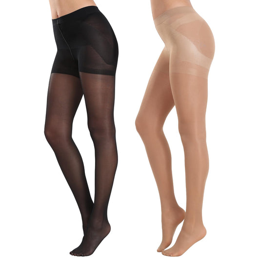 MANZI 2 Pairs Women's Sheer Tights 40D High Waist Control Top Pantyhose Thigh High Stockings Black Natural Nude Large - Medaid International