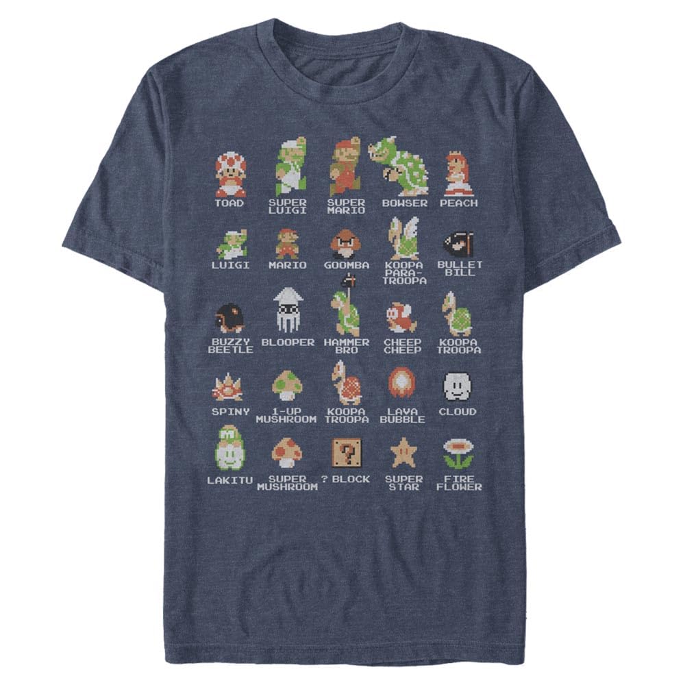 Nintendo Men's Pixel Cast T-Shirt, Medium, Navy Heather - Medaid International