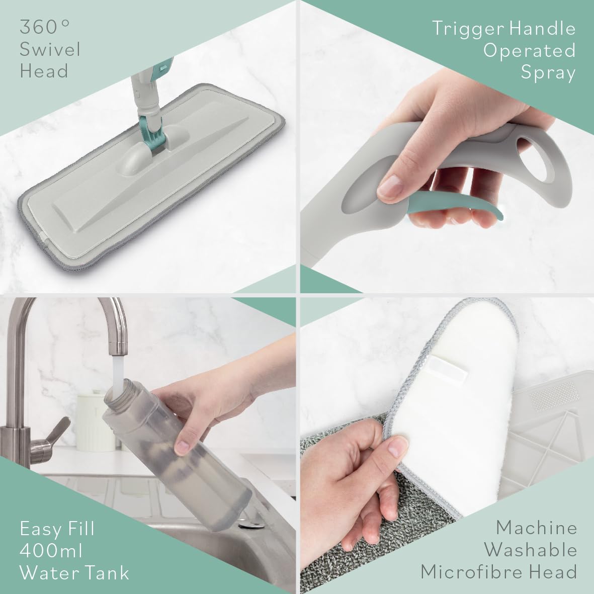 Anika 66049 Spray Mop with Reusable and Washable Microfiber Pad / Wet and Dry Floor Cleaning with 400 ml Refillable Bottle / Cleans House, Kitchen, Wood Floor, Laminate, Tiles - Medaid International