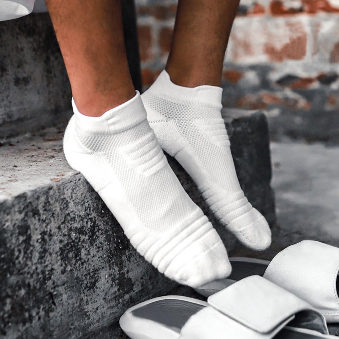 PUJANE 5 Pairs Ankle Athletic Running Socks Cushioned Breathable Low Cut Sports Tab Cotton Socks for Men and Women (White Size L) - Medaid International