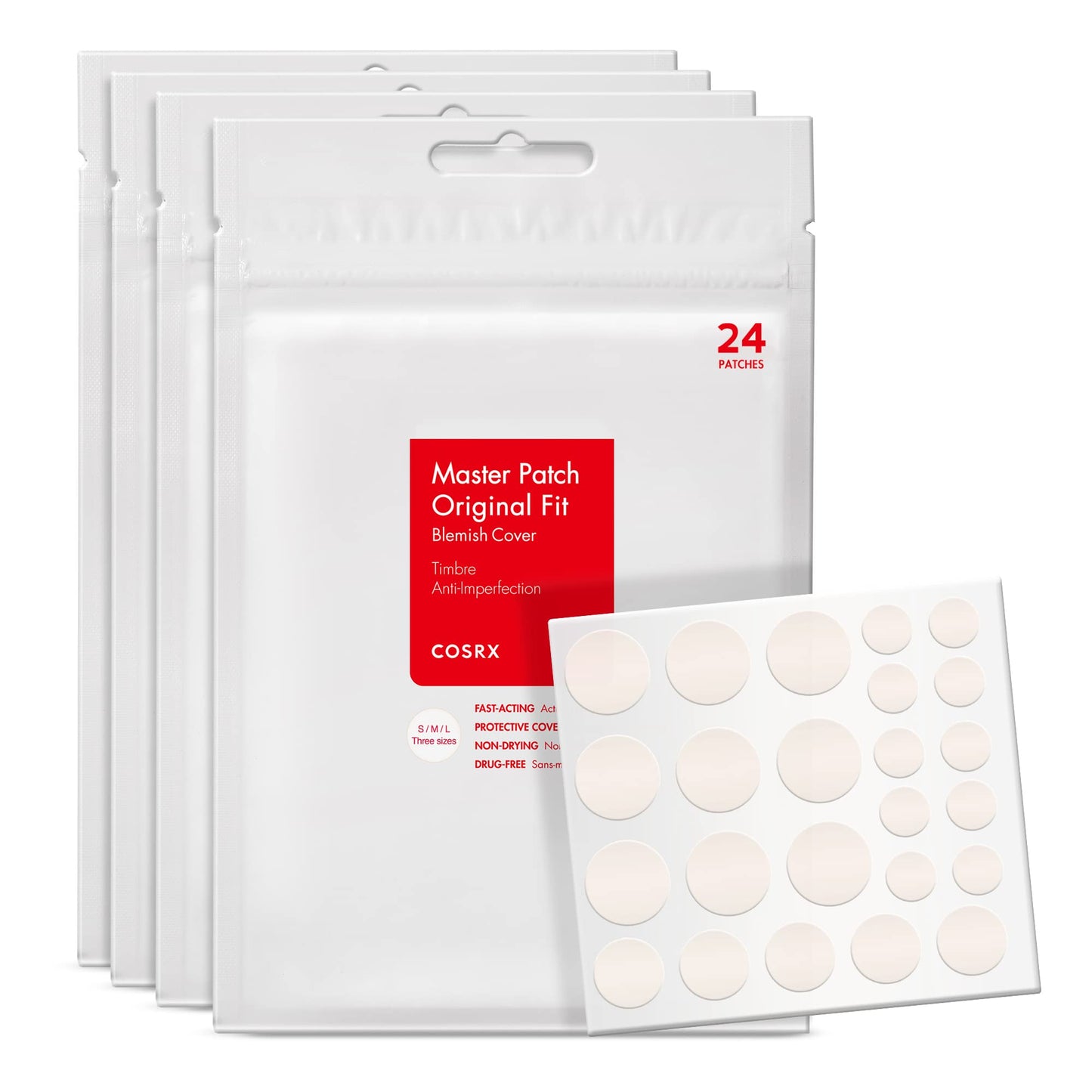 COSRX Acne Pimple Patch (96) Absorbing Hydrocolloid Original 3 Size Patches for Blemishes and Zits Cover, Spot Stickers for Face and Body, Not Tested on Animals - Medaid International