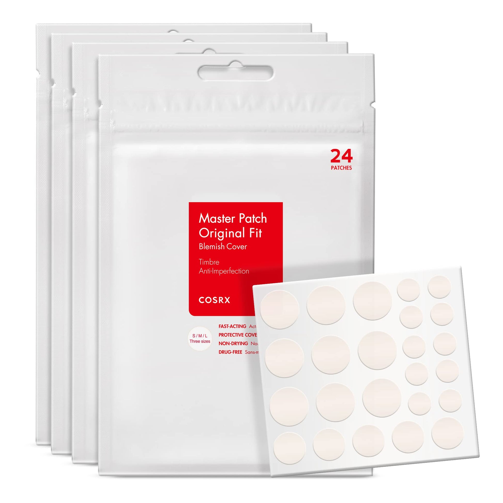 COSRX Acne Pimple Patch (96) Absorbing Hydrocolloid Original 3 Size Patches for Blemishes and Zits Cover, Spot Stickers for Face and Body, Not Tested on Animals - Medaid International