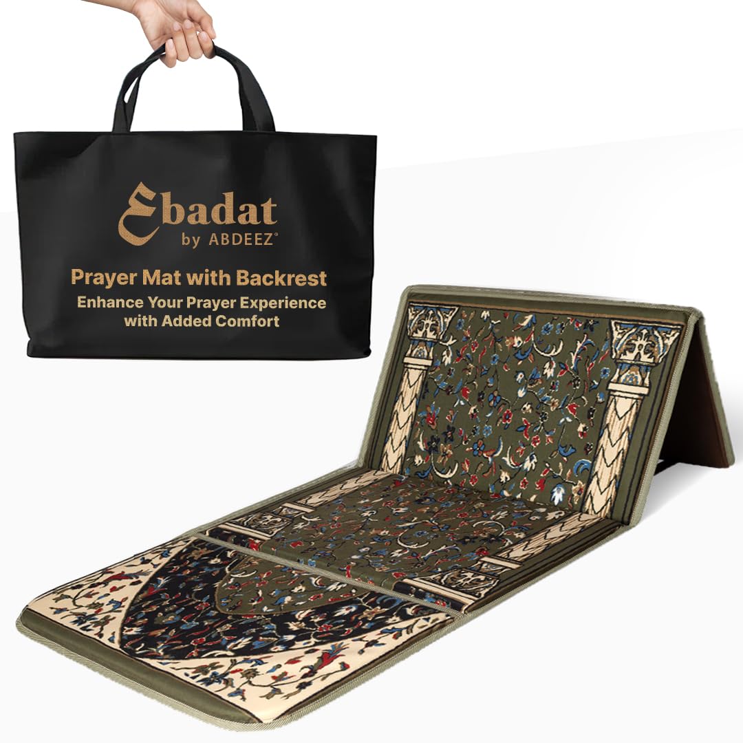 ABDEEZ Exclusive Foldable Prayer mat with Back Support, Flannel Fabric | Extra Padding for Comfort | Easy to Carry | Janamaz, Sajadah | Ramadan/Eid Gift, Perfect Mus LIM Gift (Earth Green) - Medaid International