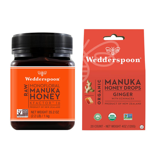 Bundle - Wedderspoon Raw Premium Manuka Honey KFactor 16 (35.2 Oz) and Manuka Honey Drops Ginger & Echinacea (4 Oz) - Medaid International