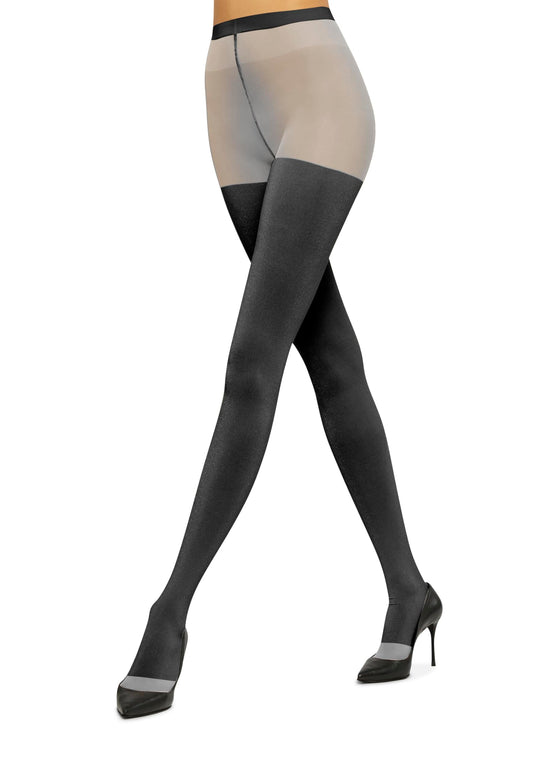Wolford Shiny Sheer Tights for Women Sensual Stay-Up Effect Opaque Shiny Foil Yarn Signature Circular Knit Soft Waistband, Pewter Grey-Black, Small - Medaid International