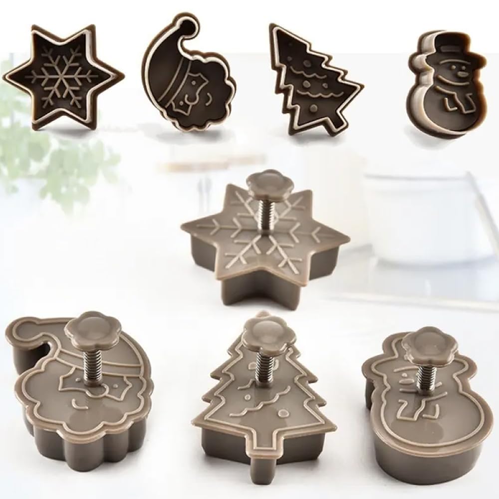 4pcs Christmas Cookie Stamps – Festive Baking Molds with Snowman, Snowflake, Christmas Tree & Santa Claus Pattern - Medaid International