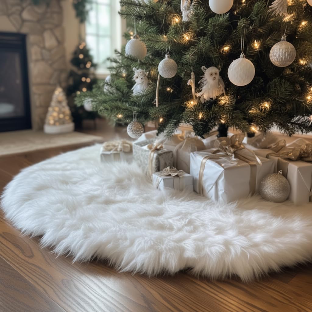AISENO 48 Inch White Faux Fur Christmas Tree Skirt, Luxury Plush Tree Base Cover for Holiday Party and Home Christmas Decor - Medaid International