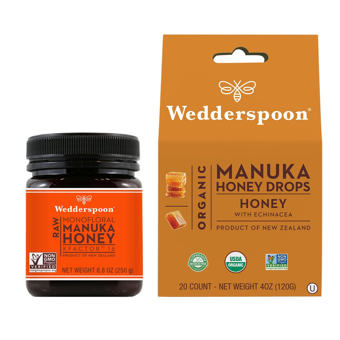 Wedderspoon Raw Premium Manuka Honey KFactor 16 (8.8 Oz, Pack of 1) and Manuka Honey Drops Honey & Echinacea (20 Count, Pack of 1) - Genuine New Zealand Honey, Perfect Remedy For Dry Throats - Medaid International