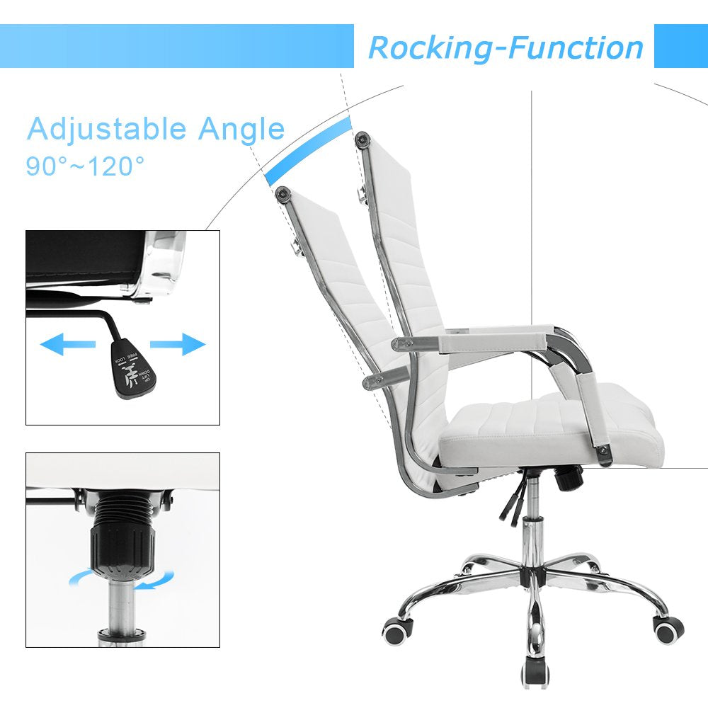 Furmax Ribbed Office Desk Chair Mid-Back PU Leather Executive Conference Task Chair Adjustable Swivel Chair with Arms (White) - Medaid International