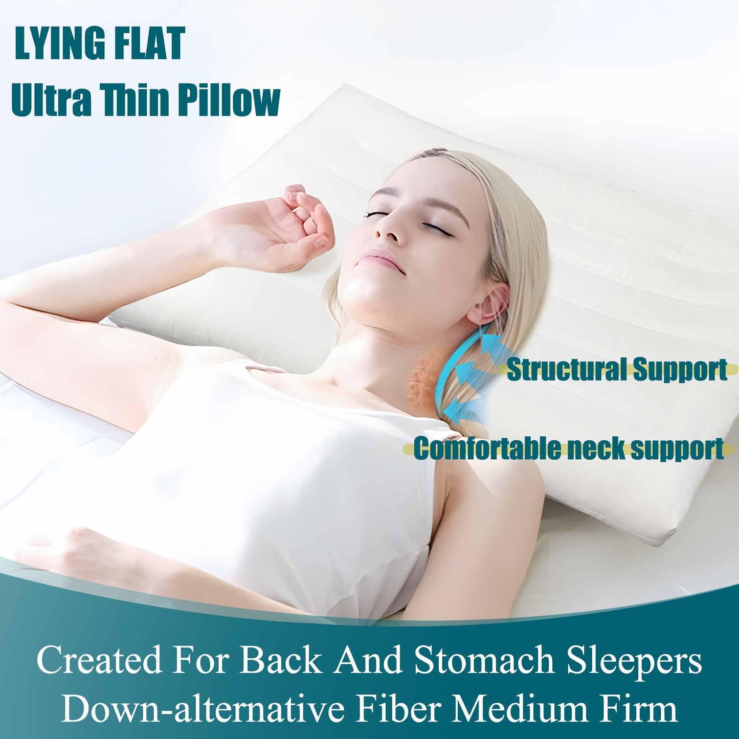 iFaon Ultra Flat Thin Pillows for Sleeping Standard Size, 2-1/2" High Slim Bed Pillow for Back Stomach Sleepers Down Alternative Filling Hypoallergenic White 18x26 in - Medaid International