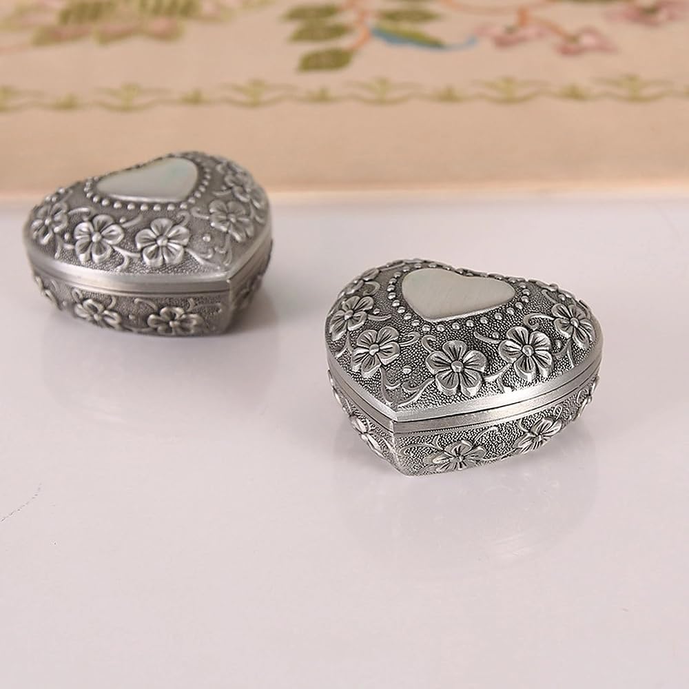 1PC Classic Vintage Antique Heart Shape Jewelry Box Ring Small Trinket Jewellery Storage Organiser Chest Christmas Gift, Silver - Medaid International
