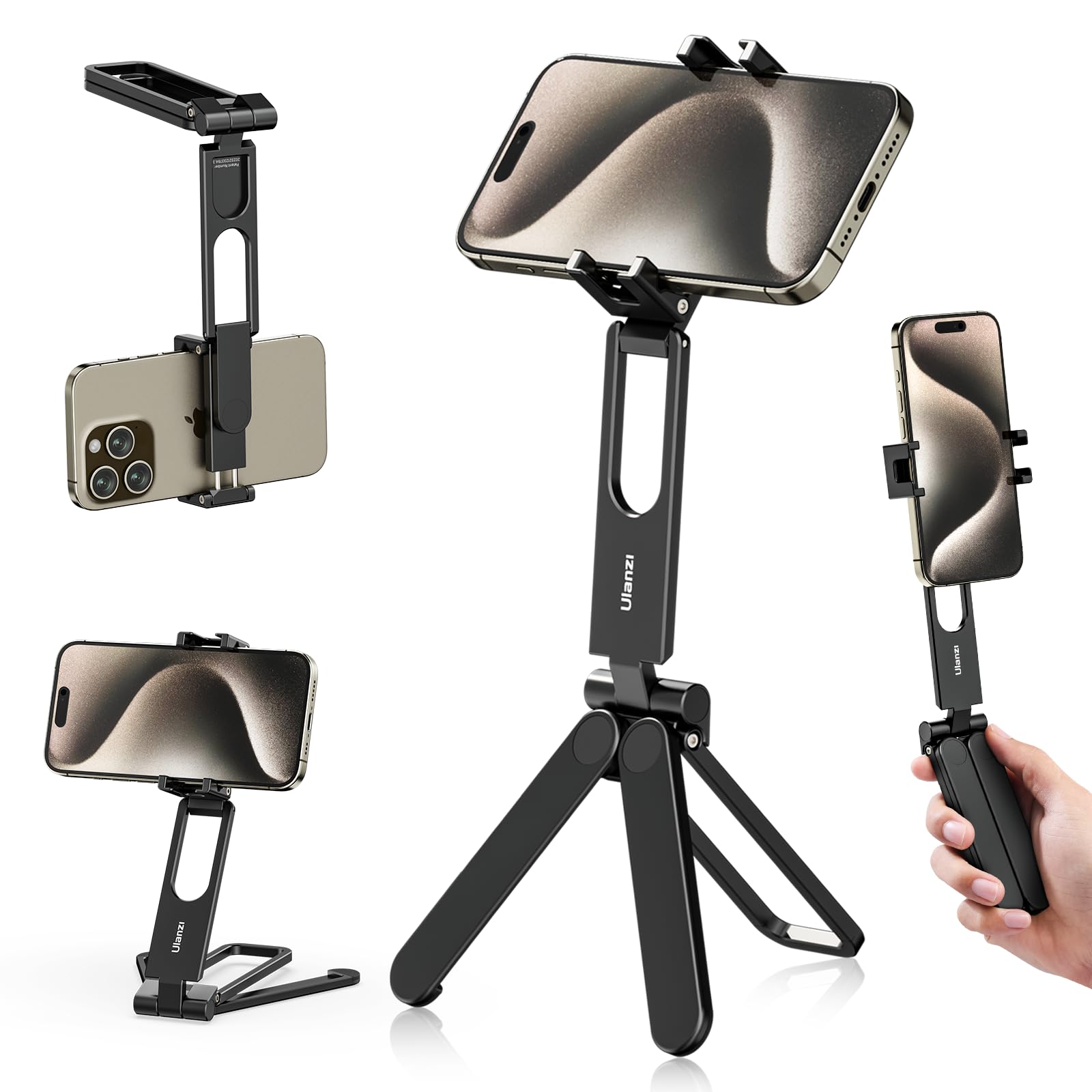 ULANZI MA26 Foldable Phone Tripod, Pocket Cell Phone Vlog Video Tripod Handle Aluminium Smartphone Desk Stand 2 Cold Shoe Small Size All in One Lightweight Portable Vlog Stick for iPhone 17 Samsung - Medaid International