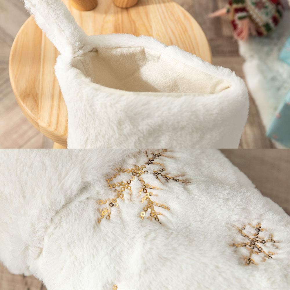 AtiMing 2pcs Plush Christmas Stockings White Faux Fur Large 56cm Deluxe Hanging Xmas Stockings with Gold Sequins Snowflake for Christmas Fireplace Decorations Socks (White-G, 22inches) - Medaid International
